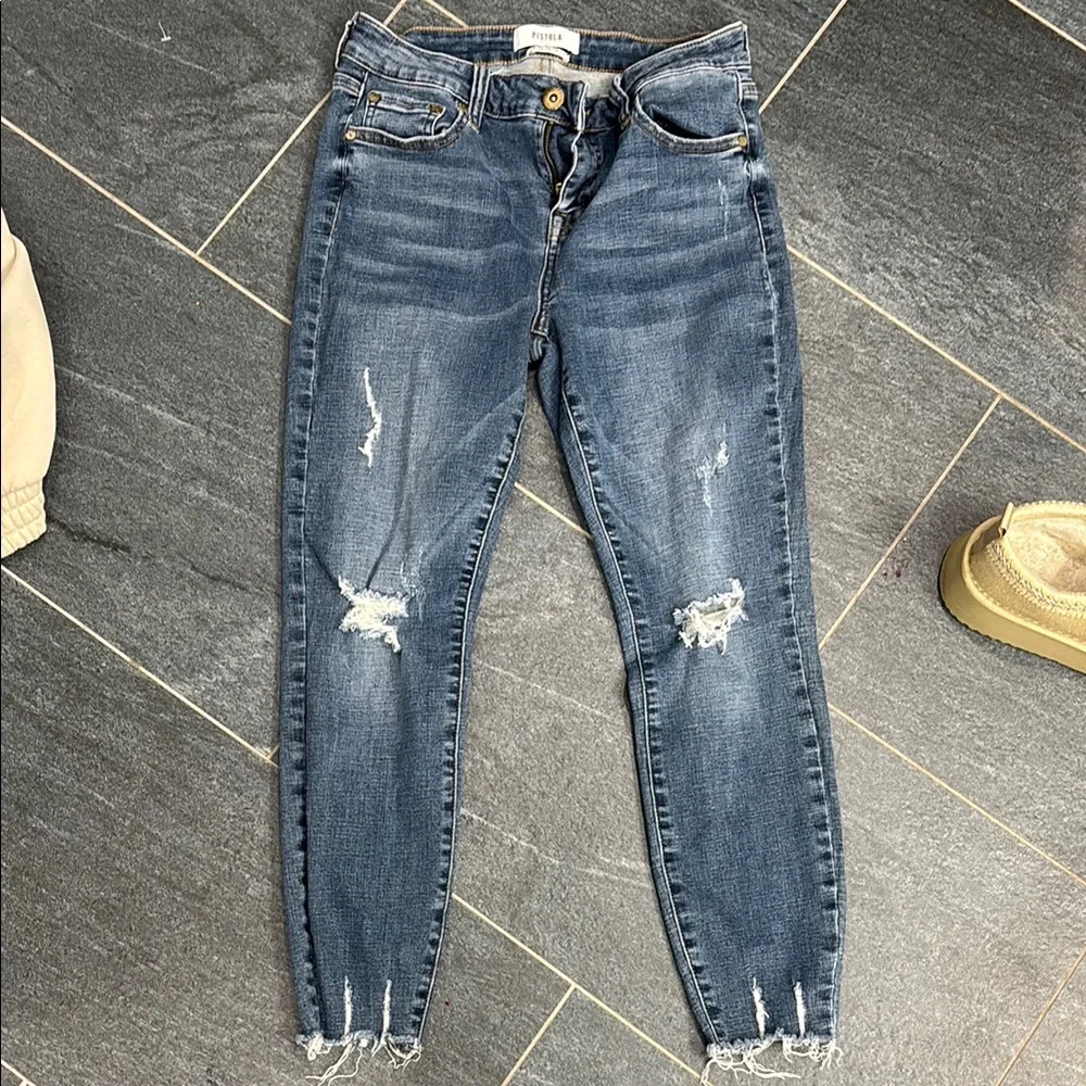 Distressed pistola cropped Blue Jeans - Picture 1 of 5